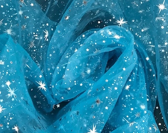Star sparkle Bursts Sheer on turquoise Organza 58 Inch Wide Fabric