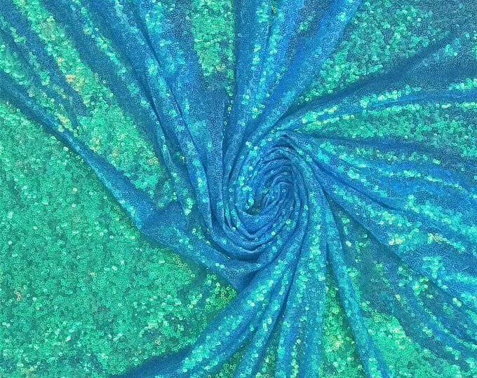 Aqua iridescent 3mm Glitz Sequins On Mesh Fabric, 54" Wide, Sells by the Yard