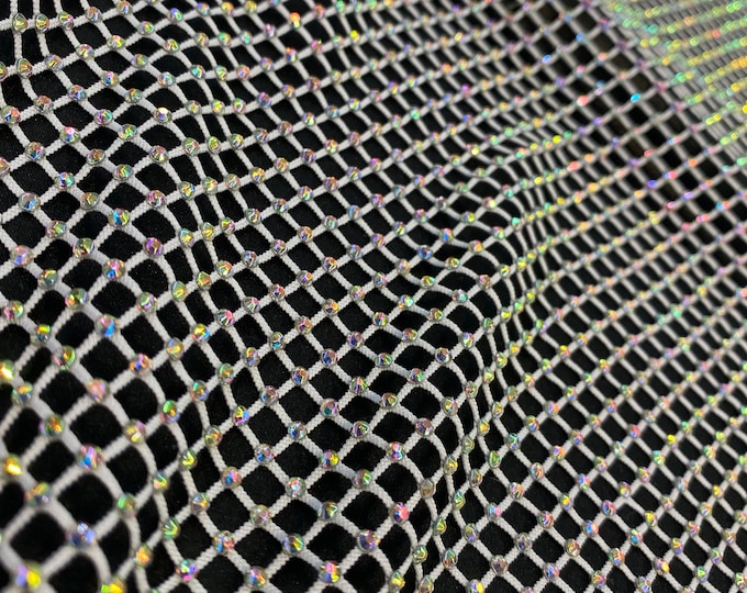 Rhinestone on black Mesh Shiny Stretch Crystal Fabric Rainbow Fabric