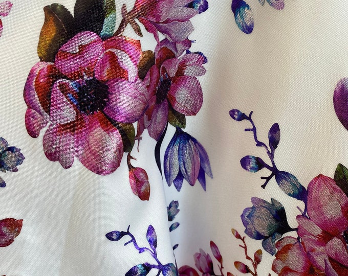 Ivory Scuba stretch on foil Flowers   60" Wide