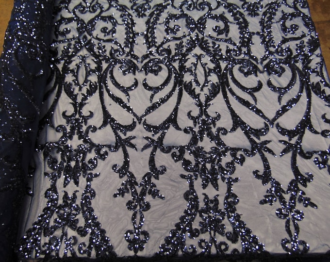 Victorian  SWEETHEART Damask 4-Way Stretch Mesh Lace NAVY Tiny Sequin Fabric 56" Sold By the Yard, Regency, Edwardian, Red Carpet,