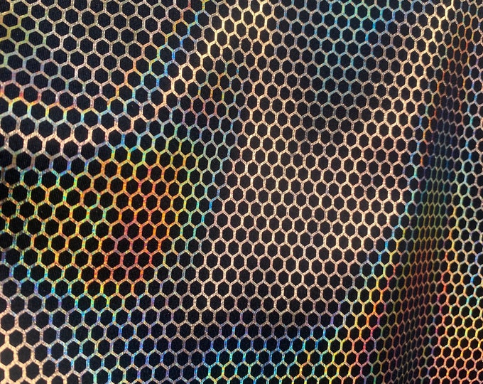 Gold honeycomb Metallic chorme Foil on black 4 way Stretch fabric BY THE YARD swimwear dancewear costume 60" Wide