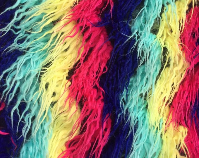 multicolored rainbow faux furry sheep, shaggy soft, colorful 60" inch wide