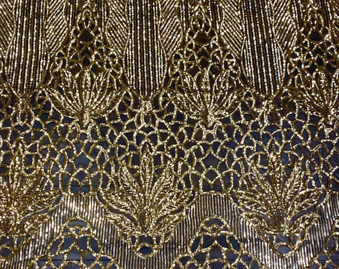 Sequin gold on black mesh , 4-way Stretch, Fabric 54" Sold By the Yard, Wedding, Prom, Dresses, Lingerie, Pageant
