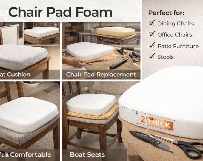 Upholstery Foam Cushion 2" Thick – 16"x16" High Density Seat Pad for Chairs, DIY Projects & Furniture