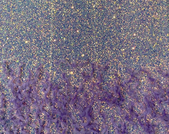 Lilac sequin stretch velvet with feathers , 4-Way stretch  fabric by the yard 60" Wide