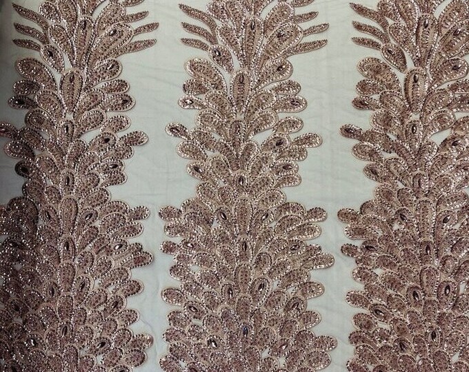 Rosegold  peacock sequin gem beaded on mesh, sold by the PANEL