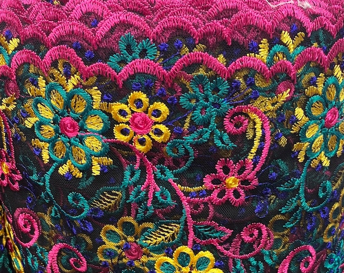 Multi colored corded scalloped Floral lace Fabric Sold By The Yard