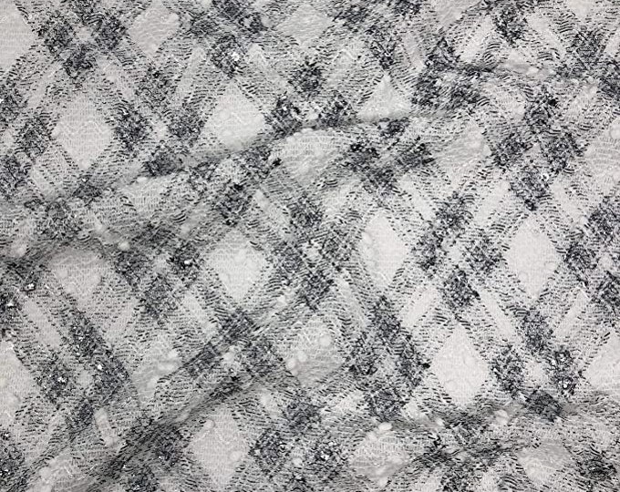 Knit sweater, White Diamond Plaid Metallic Boucle fabric