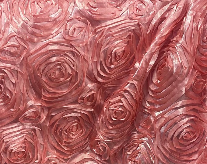 Coral Satin Rosette 3D Flower drapery fabric BY THE YARD 54" Wide