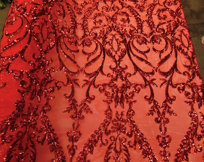 Victorian  SWEETHEART Damask 4-Way Stretch Mesh Lace RED Tiny Sequin Fabric 56" Sold By the Yard, Regency, Edwardian, Red Carpet,