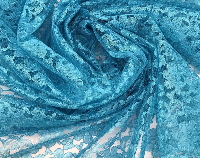 Aqua rachelle lace flower mesh sheer polyester by the yard