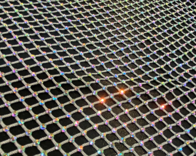 Rhinestone on silver Mesh Shiny Crystal Rainbow Rhinestone Stretch Fabric
