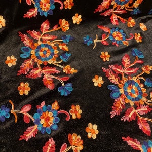 Stretch velvet Floral embroidered  On Black fabric by the yard 60" Wide