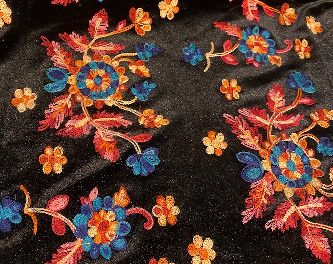 Stretch velvet Floral embroidered  On Black fabric by the yard 60" Wide