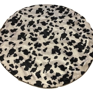 Round rug accent floor home bedroom faux fur short pile black white cow animal