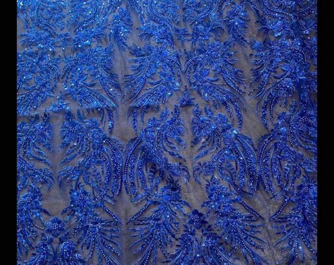 Royal floral damask embroider and heavy beaded on a mesh lace fabric-sold by the yard