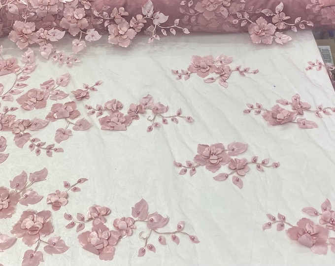 Mauve 3d floral design ,embroider with pearls mesh lace scalloped, sold by the yard 54” wide