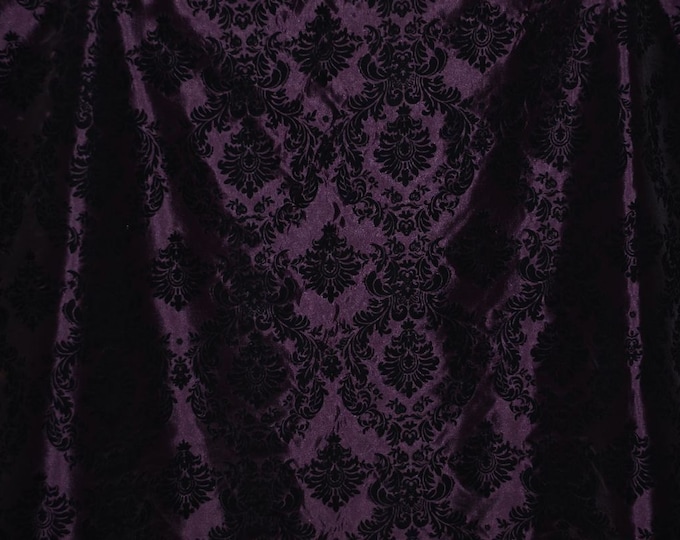 Plum Elegant Damask Taffeta Fabric with Velvet Flocked Design – Wedding & Home Décor Fabric 58” wide