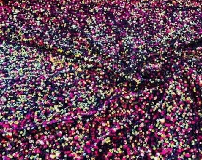 Fuchsia /gold Sequin on black Stretch Velvet 4-Way stretch fabric by the yard 60" Wide
