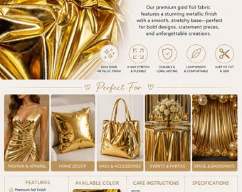 Gold Metallic Spandex Foil Fabric – Shiny Stretch Fabric for Costumes, Dancewear, Swimwear, Crafts, DIY Sewing