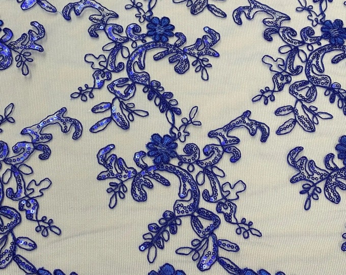 Elena royal corded Floral lace with sequin Fabric Sold By The Yard