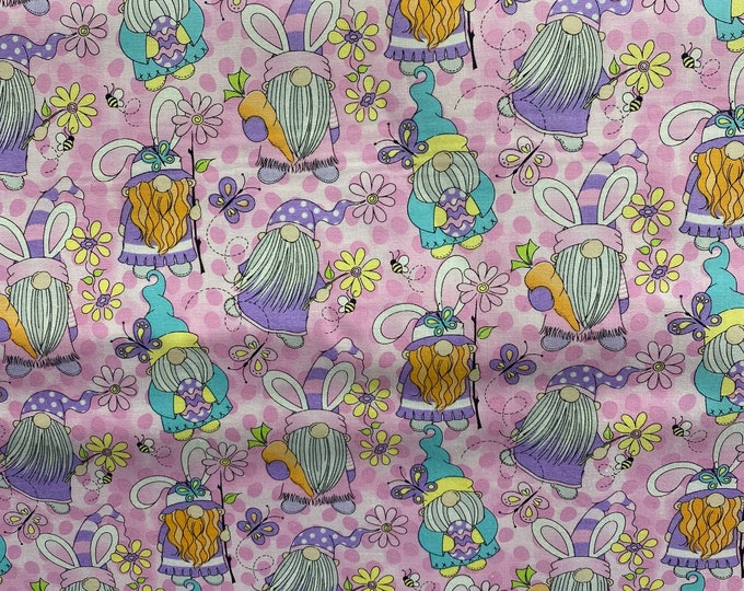 Easter Gnome cotton Fabric on Pink 43” wide