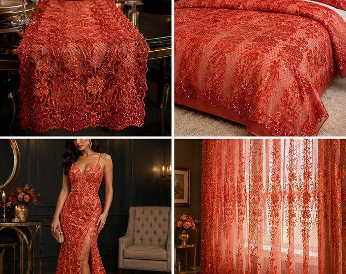 KARMA Red damask Sequin, 4-way Stretch Fabric 55" wide