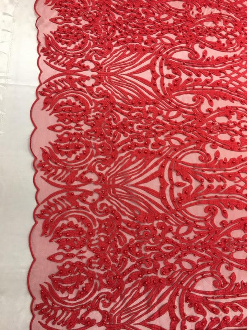 52 Wide Lace mesh BEADED scalloped Fabric by the yard dress, RED