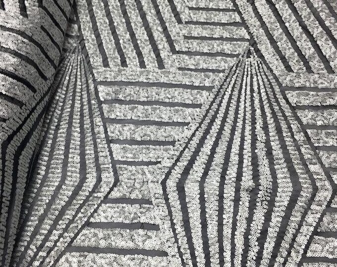 Sequins Lace Silver Black  Geometric Designer Bombshell Stretch Sequins Lace Sold By The Yard