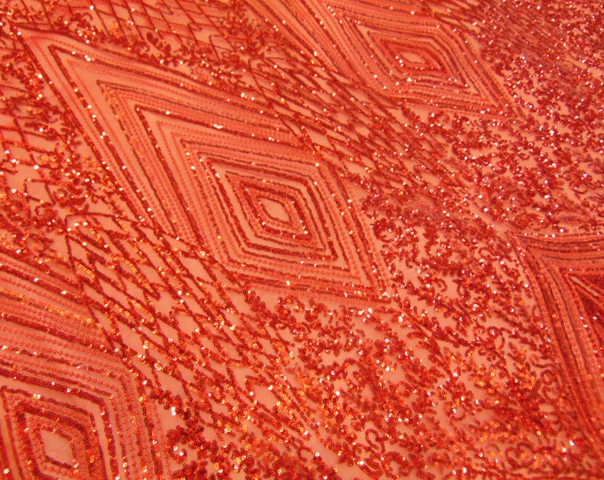 GEO GARDEN RED Sequin Mesh Polyester Large Print Fancy Elegant Fabric By the Yard 55 " Wide