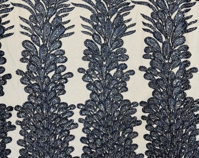 Navy peacock sequin gem beaded on mesh, sold by the PANEL