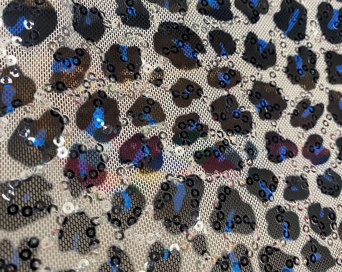 Leopard black and blue stretch lace with sequins all around 58” wide