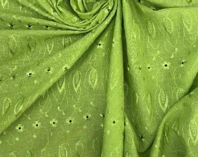 Lime Medium Weight Eyelet Double Scalloped Finished Edge Stitched Embroidery Fabric, 42" Wide