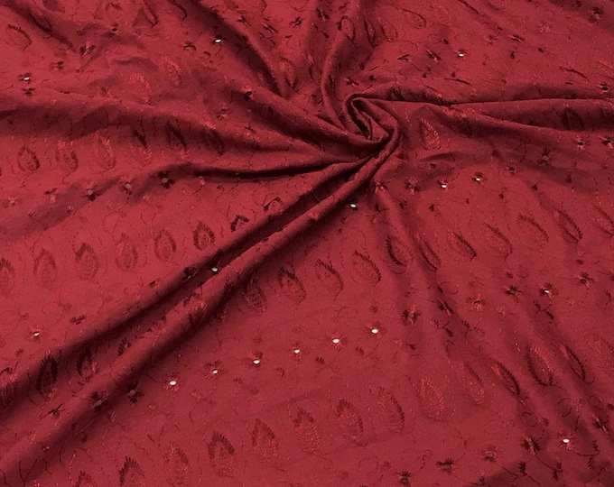 Burgundy Medium Weight Eyelet Double Scalloped Finished Edge Stitched Embroidery Poly Cotton Fabric, 42" Wide