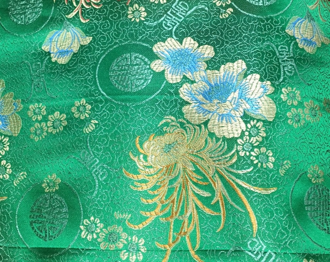 Kelly Green Chinese Brocad Satin Floral wide per yard 45”