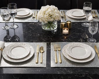 Silver Crocodile Vinyl Placemats Set of 6 – 14x14 Luxury Metallic Table Mats – Waterproof Wipeable Dining Decor – Modern Glam Table Setting