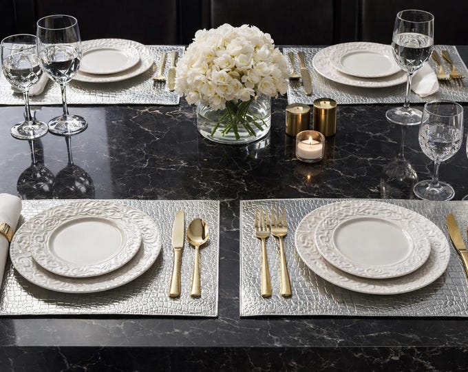 Silver Crocodile Vinyl Placemats Set of 6 – 14x14 Luxury Metallic Table Mats – Waterproof Wipeable Dining Decor – Modern Glam Table Setting