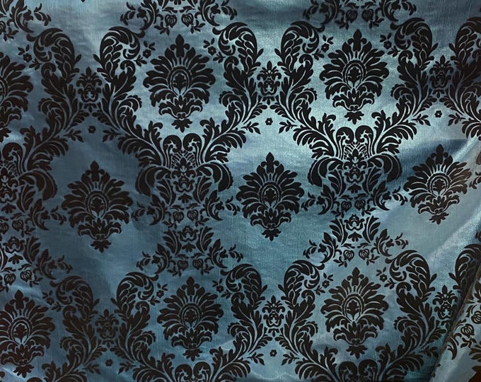 Teal Damask taffeta flocked fabric by the yard