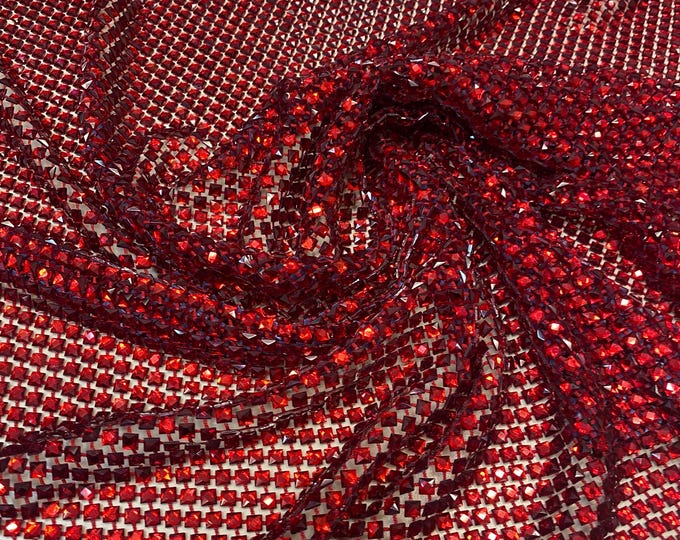 Red Diamond Rhinestone Mesh Fabric – Sparkly Crystal Net Fabric by the Yard for Costumes, Dancewear, Gowns, DIY Crafts