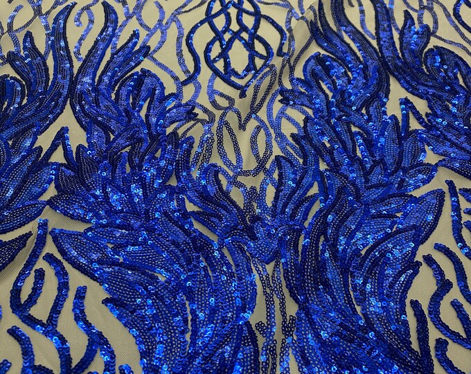 Royal blue damask sequin on stretch nude mesh fabirc 54” wide