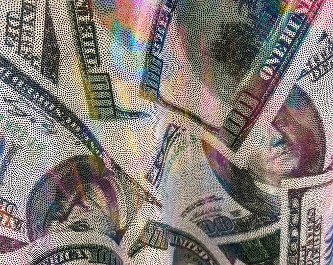 Rainbow Money glitter foil pattern 4 way stretch spandex fabric, one hundred dollar bill, SOLD BY YARD 60 inches wide