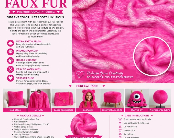 Candy Pink Fur faux fake shaggy fabric by the yard 60" wide