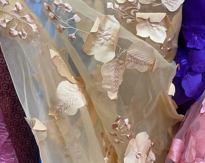 Beige rose petals mesh lace scalloped, sold by the yard 54” wide