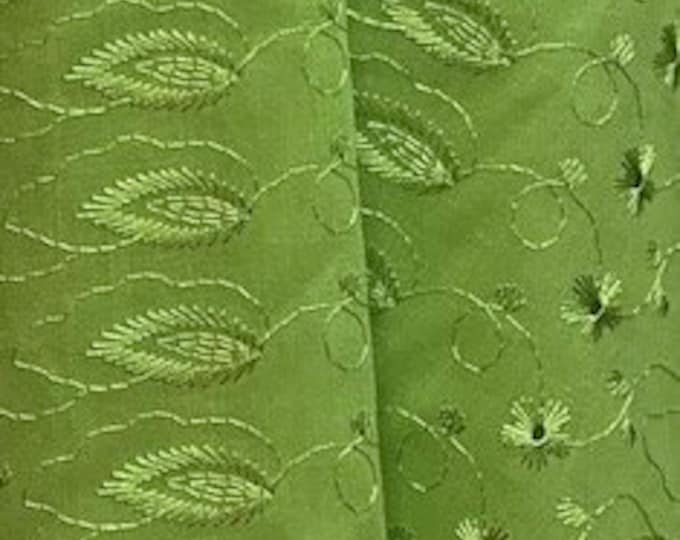 Avocado Medium Weight Eyelet Double Scalloped Finished Edge Stitched Embroidery Poly Cotton Fabric, 42" Wide