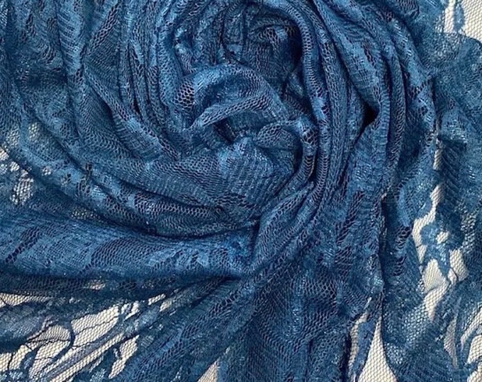 Teal Vintage Stretch Floral Lace fabric 4 way  By The Yard