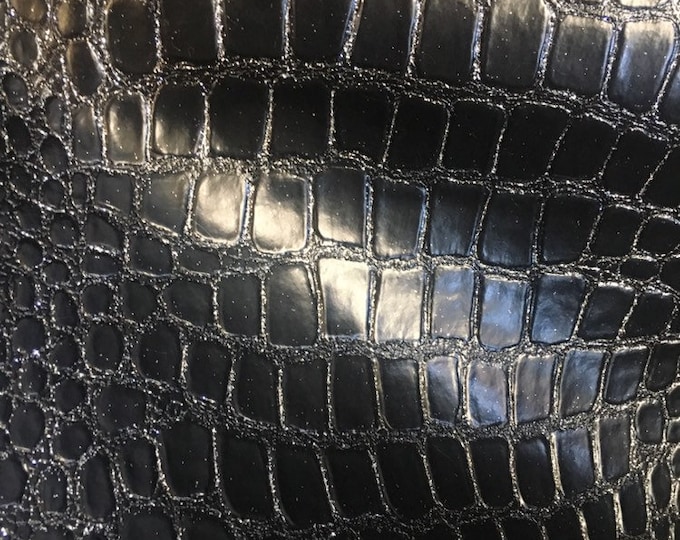 54" Wide Black glitter sparkle Embossed big Crocodile Upholstery Faux Leather vinyl BY THE YARD