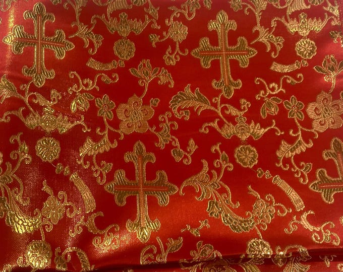 Red with gold  Brocade cross floral Fabric By the Yard 54” wide