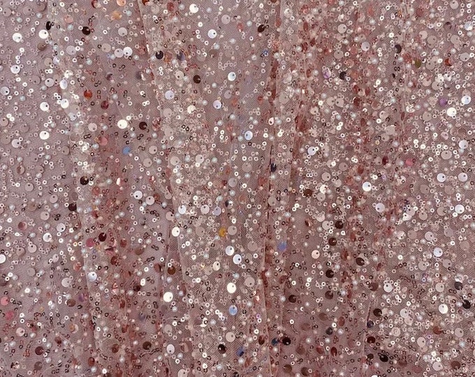 Dusty rose Beads, Pearls and Sequin All Over Mesh Lace by the yard 54” wide