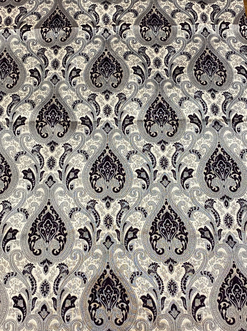 Black Silver Santamon Chenille Fabric Damask Print upholstery furniture fabric by the yard